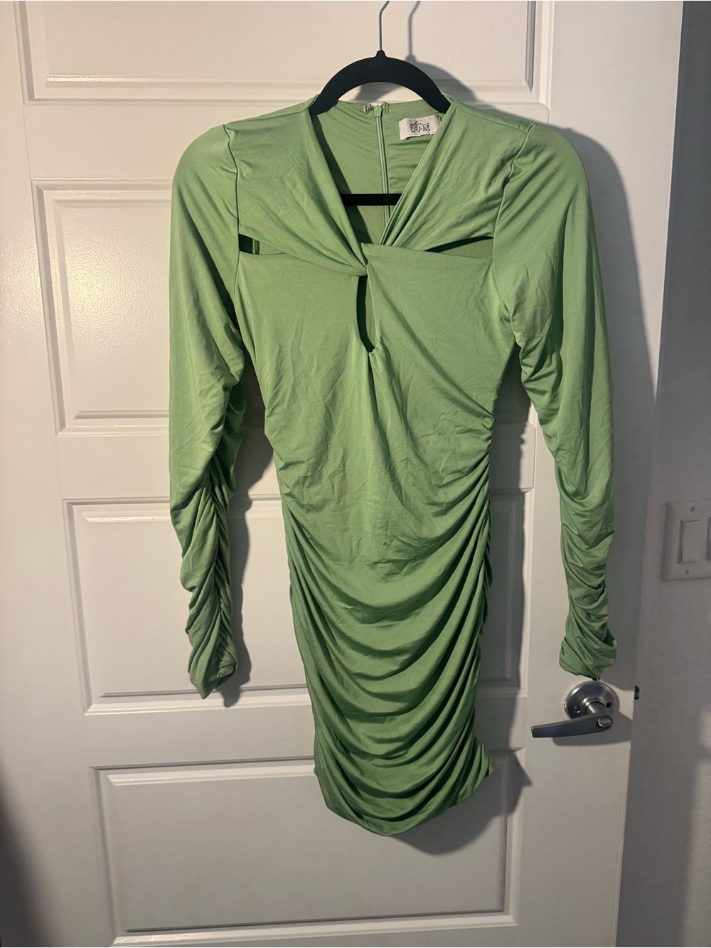 Oh Polly Sage Green Long Sleeve Twist Ruched Dress